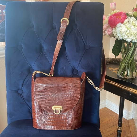 Bally Handbags - Bally Brown Croc Embossed Leather Crossbody Bag